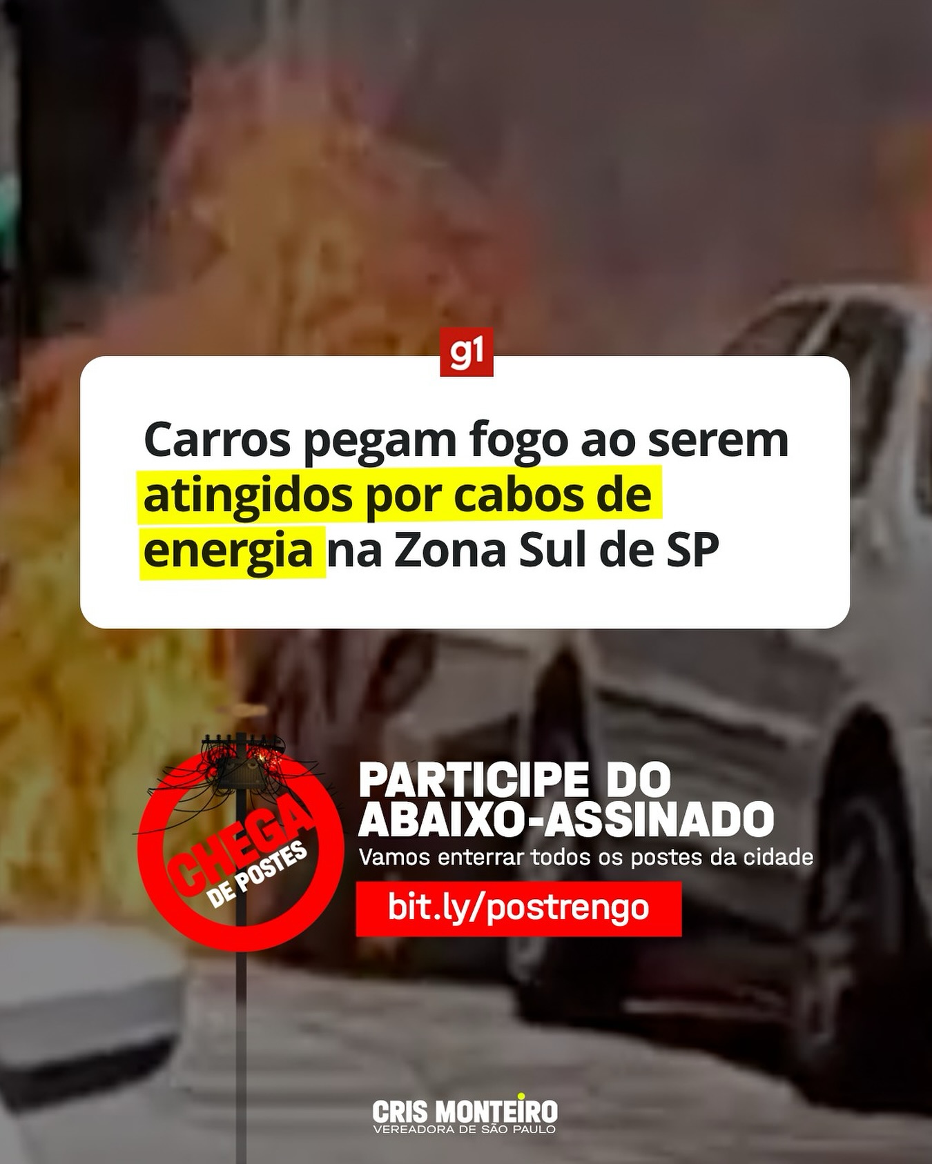 Carros pegam fogo ao serem atingidos por cabos de energia