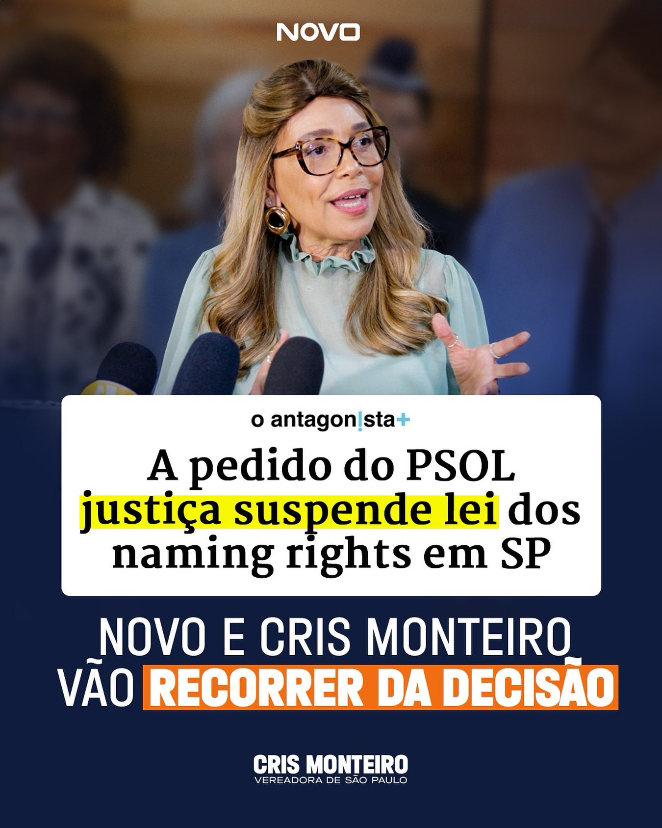 Partido NOVO e Cris Monteiro entram na justiça contra judicialização do PSOL