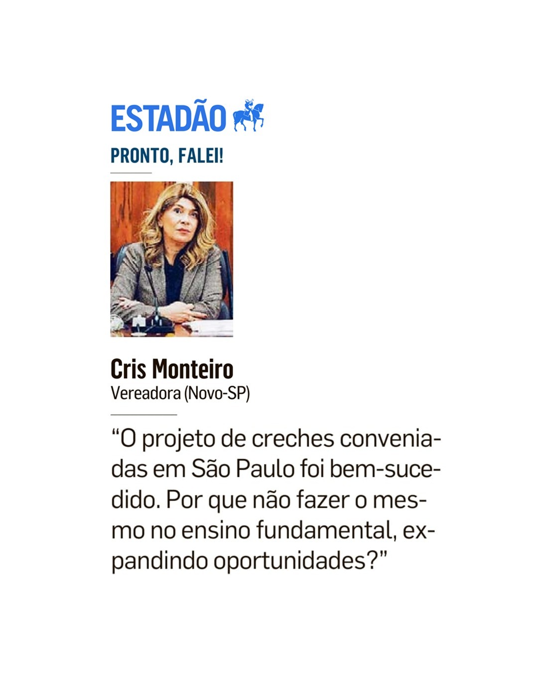 Estadão: Escolas Charter – Vereadora Cris Monteiro
