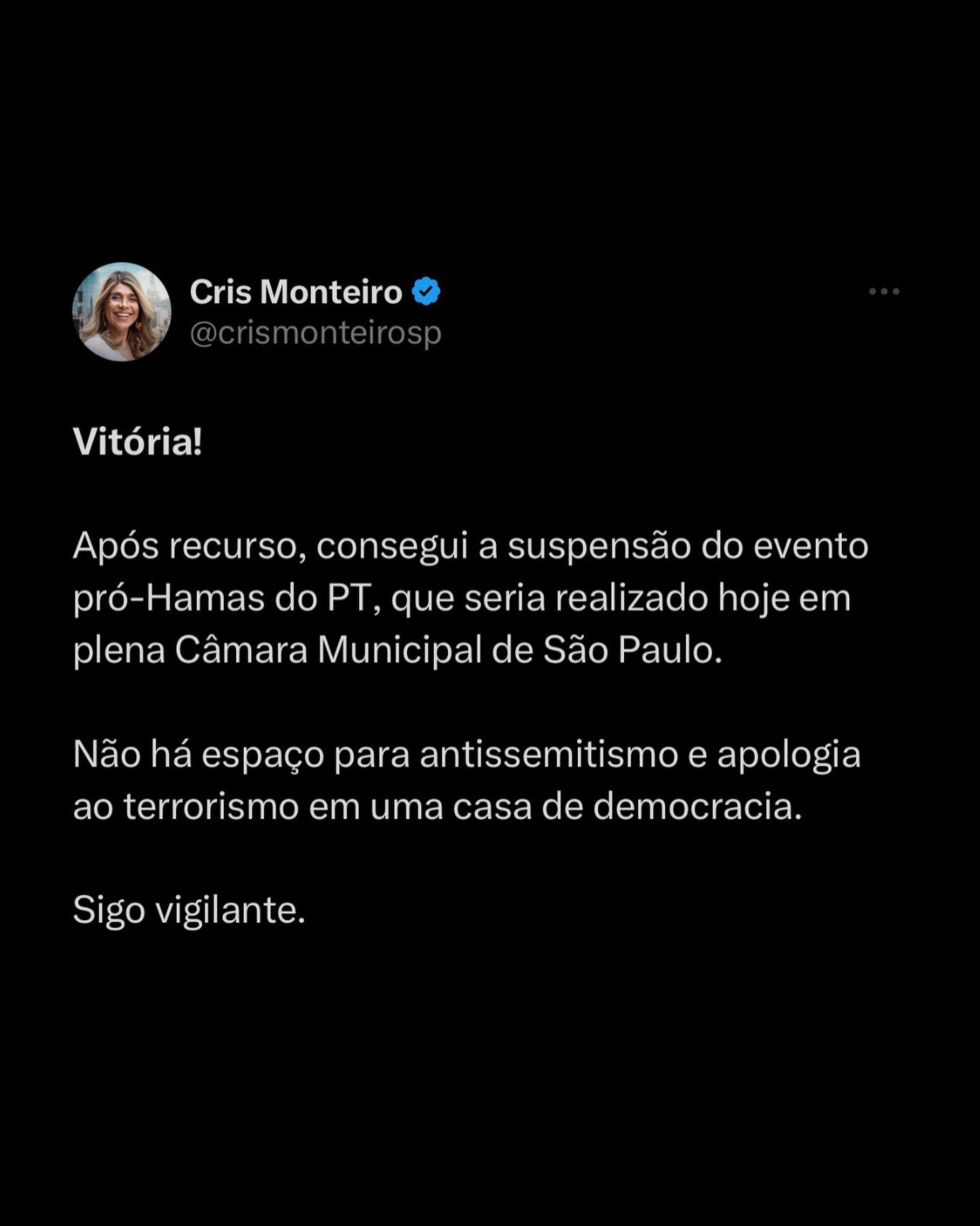 Vitória! Após recurso, consegui a suspensão do evento Pró-Hamas do PT.